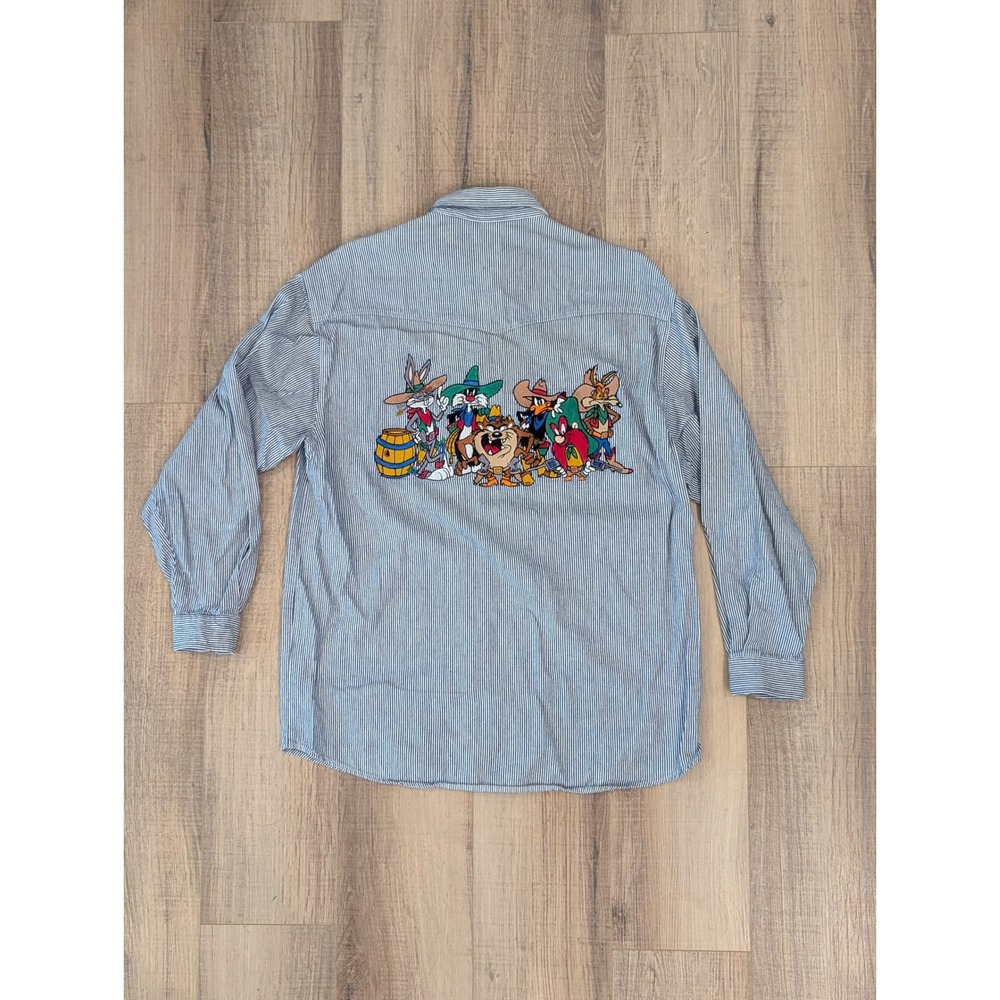 Vintage 1991 Looney Tunes Embroidered Railroad Stripe Western Shirt S/M